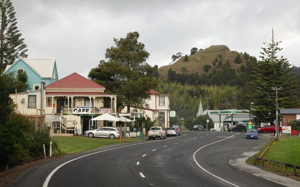 Kāeo's main street, which is also State Highway 10, with Pohue Pā in the distance.