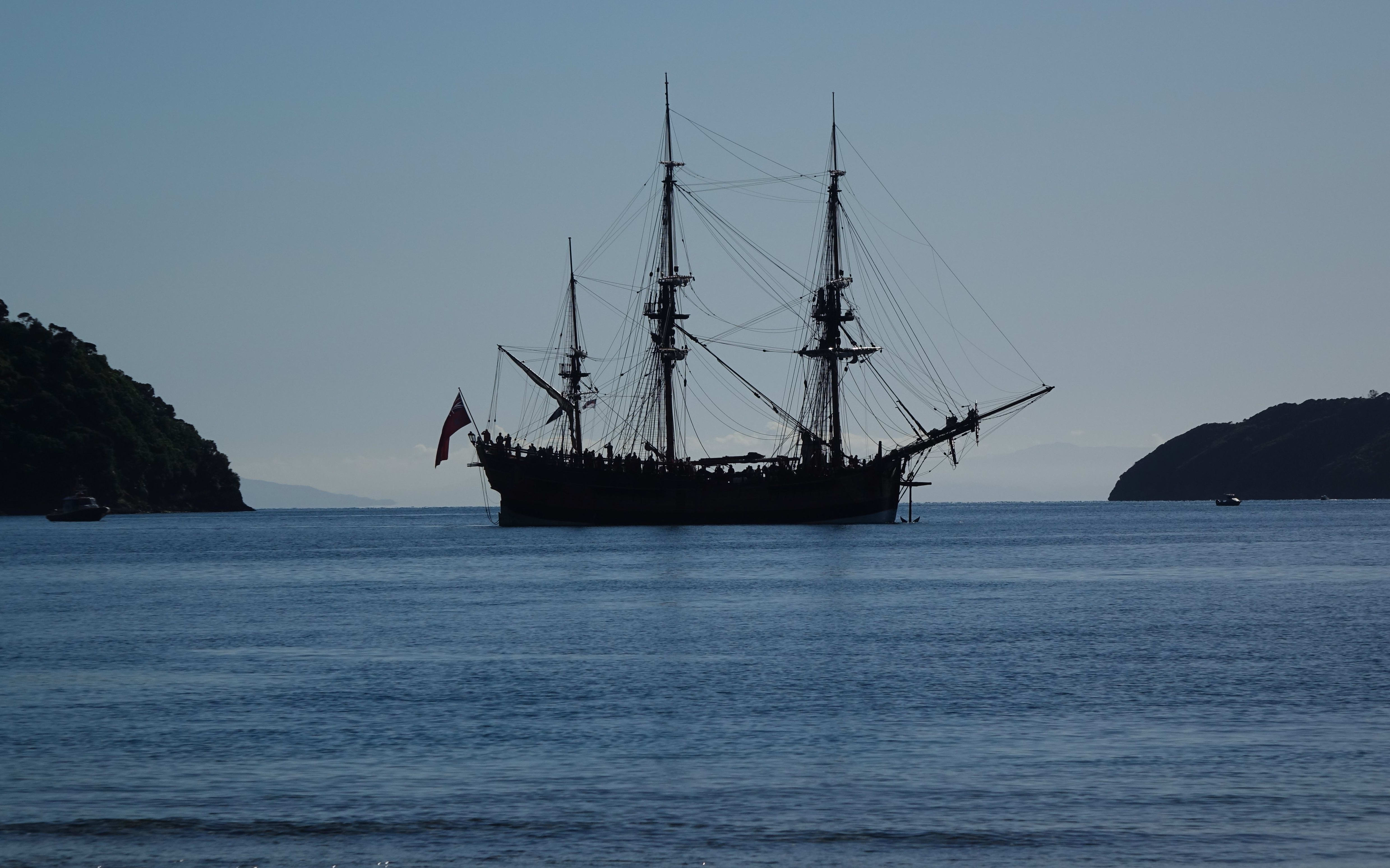 Replica of Cook's Endeavour at Ship Cove in the outer Marlborough Sounds