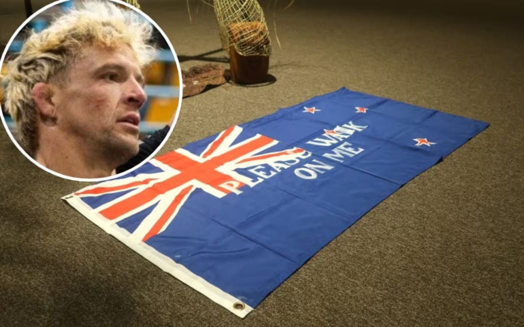 Bryce Gambirazzi (inset) has been charged with stealing a New Zealand flag defaced with the words "Please walk on me" from the Hastings Art Gallery.