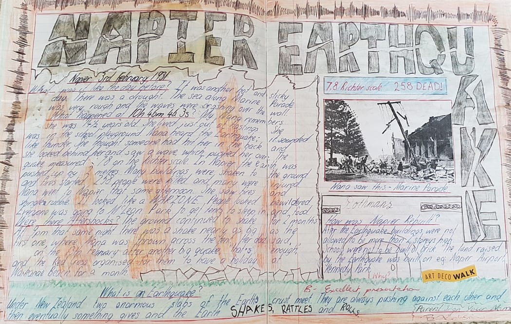 Sarah Robson's hand-drawn school project on the Napier Earthquake.