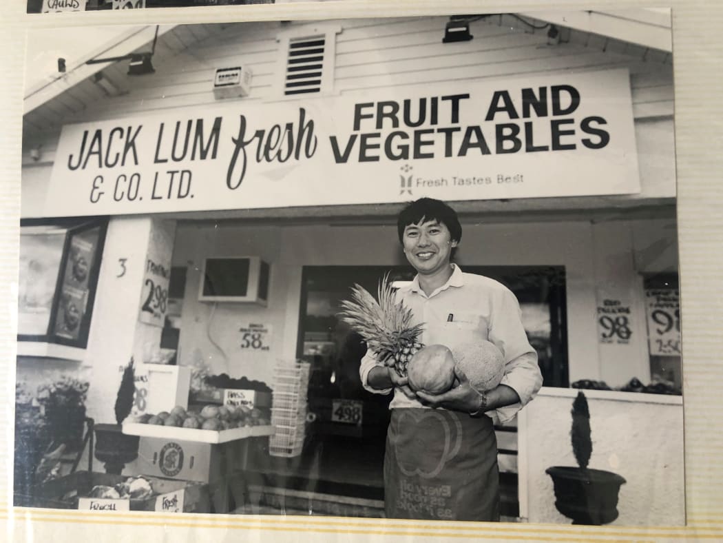 Jack Lum in front of his first shop, Remuera, Auckland, 1970
