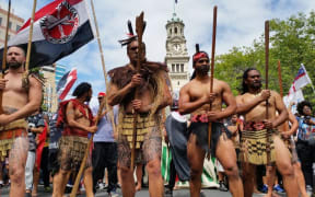 Auckland iwi reps getting ready to lead the march down Queen Street.