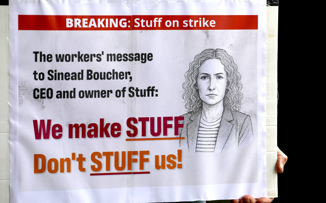 Staff at Stuff in Auckland are striking over low pay offers and what they say are attempts to divide the workforce. 28 August 2025