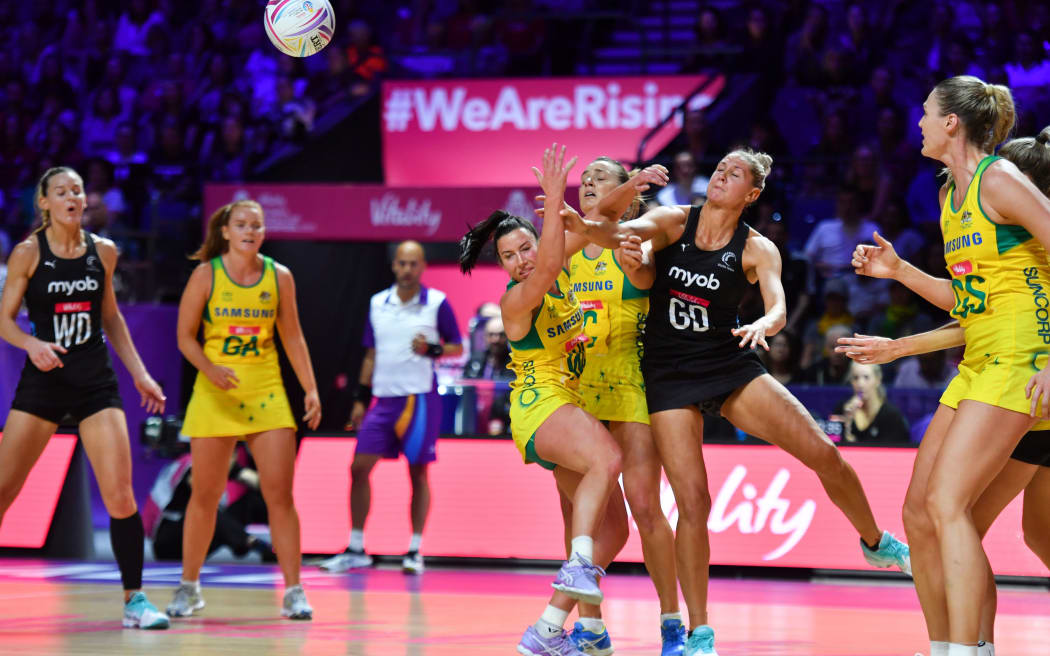 Australia v New Zealand - M&S Bank Arena, Liverpool, England - Kelsey Browne and Liz Watson of Australia and Casey Kopua of New Zealand.