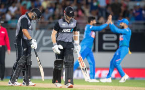 NZ captain Kane Williamson walks off after being caught during the T20 cricket international between India and New Zealand.
