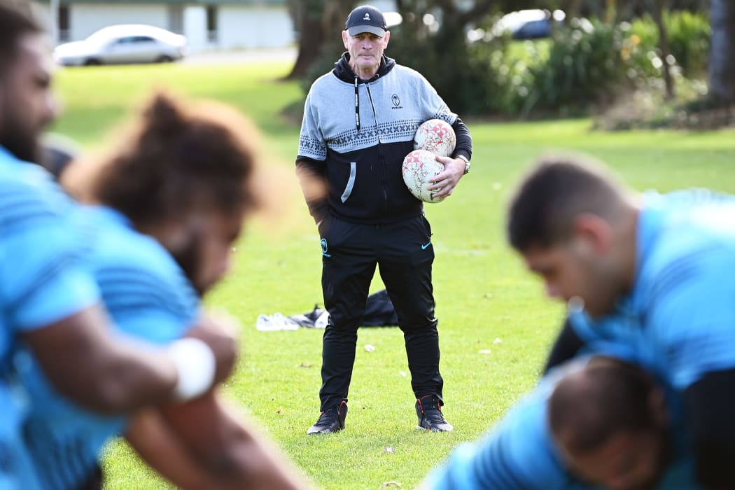 Fiji coach Vern Cotter watches on during training.