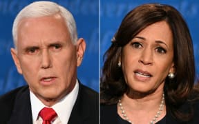 This combination of pictures created on October 07, 2020 shows US Vice President Mike Pence and US Democratic vice presidential nominee and Senator from California Kamala Harris during the vice presidential debate in Utah USA