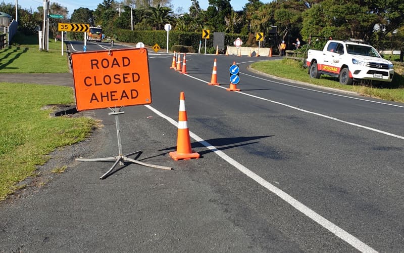 Road closures in Muriwai following Cyclone Gabrielle.