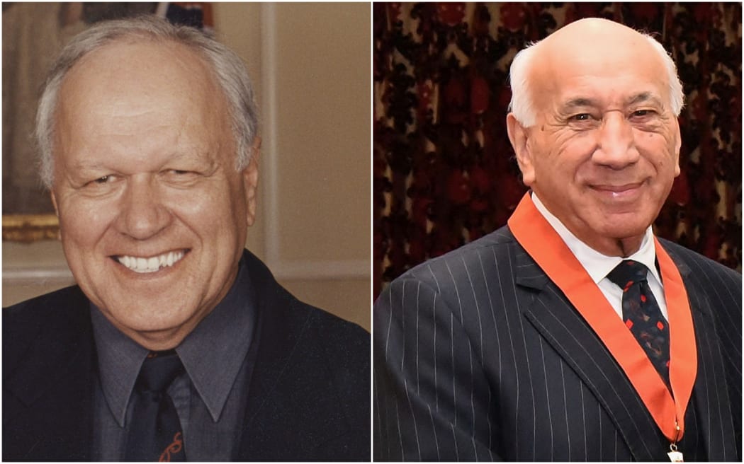 Wharehuia Milroy and Sir Tīmoti Kāretu, authors of new book and first full te reo Māori publication to be published by the Auckland University Press, He Kupu Tuku Iho.