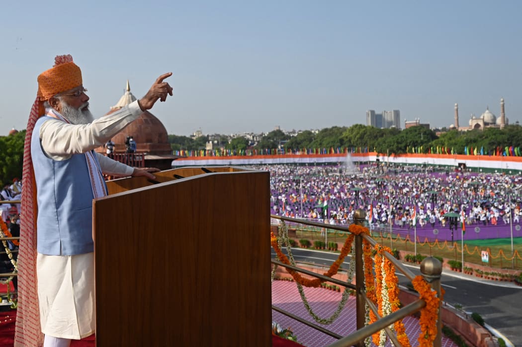 Indian Prime Minister Narendra Modi addresses the nation from the ramparts of the Red Fort during the celebrations to mark Indias 75th Independence Day in New Delhi on August 15, 2021.