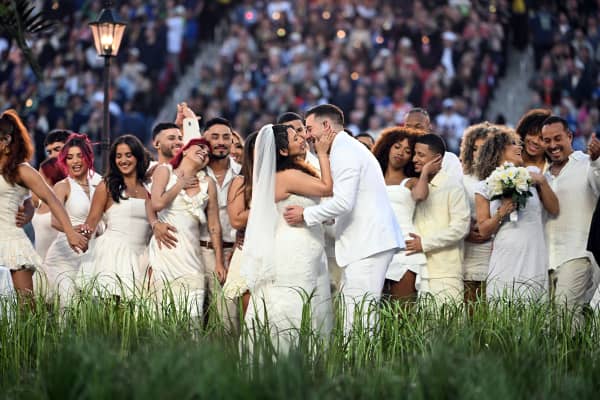 Performers portray a wedding during Puerto Rican singer Bad Bunny performance during Super Bowl LX Patriots vs Seahawks Apple Music Halftime Show at Levi's Stadium in Santa Clara, California on February 8, 2026.