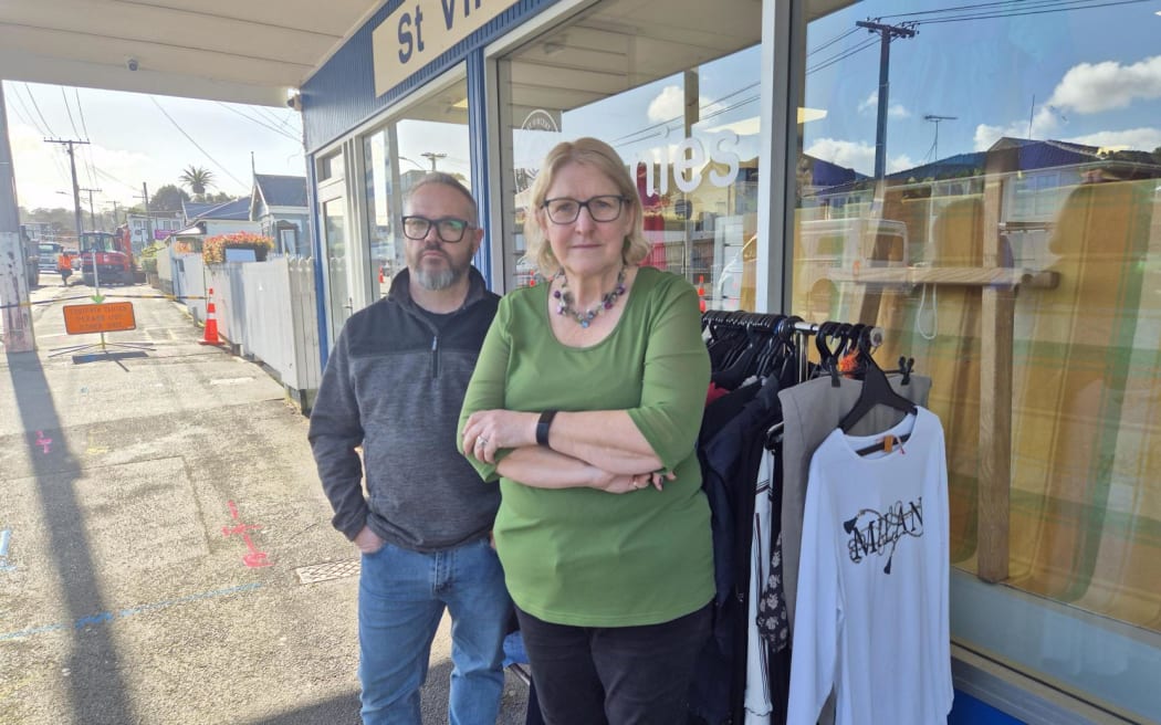 Onehunga Vinnies store manager Wanda Lis and assistant manager Steven say they are devastated by the impact roadworks are having on their charity, in July 2024.