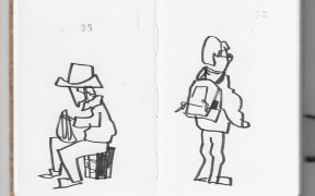 It displays sketches 35 and 36, drawn in pages of a notebook. Sketch 35 is a person wearing a hat sat on a box. Sketch 6 is a person facing away from the artist. They are wearing glasses, a backpack, and have quite knobbly knees.