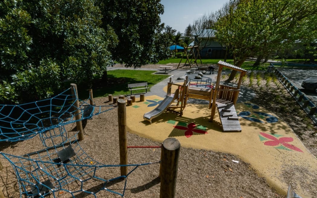 The new playground at Aorere Park features a slide tower, rope play space, swings, water play area and toddler play area.