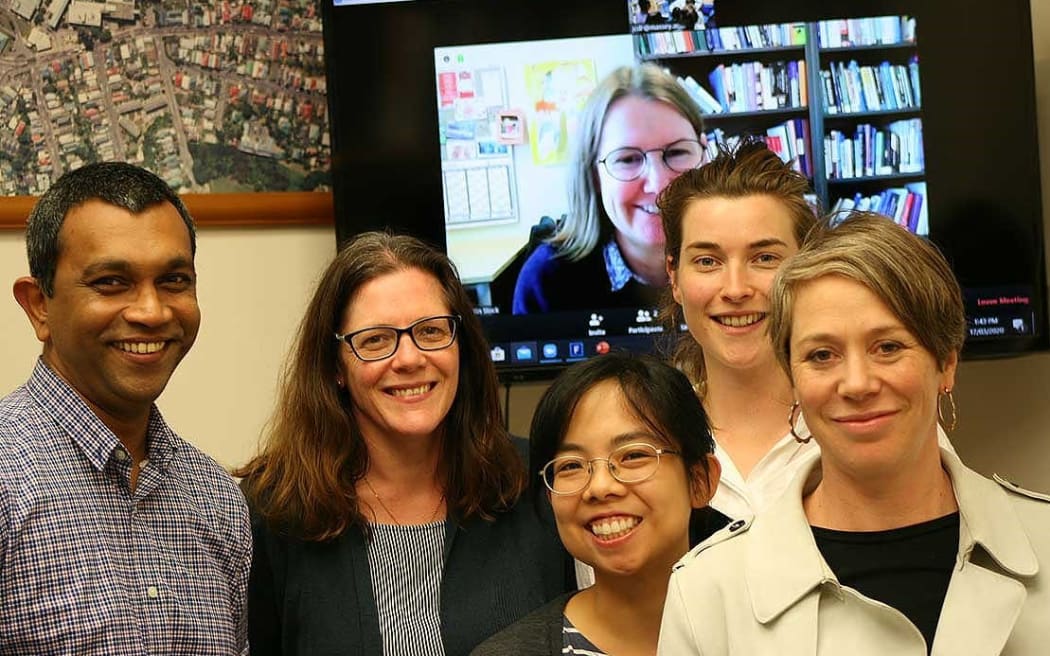 Dr. Raj Prasanna (left), Dr. Julia Becker, Marion Tan, Emily Lambie, Associate Professor Anna Brown, Dr. Kristin Stock (on screen).