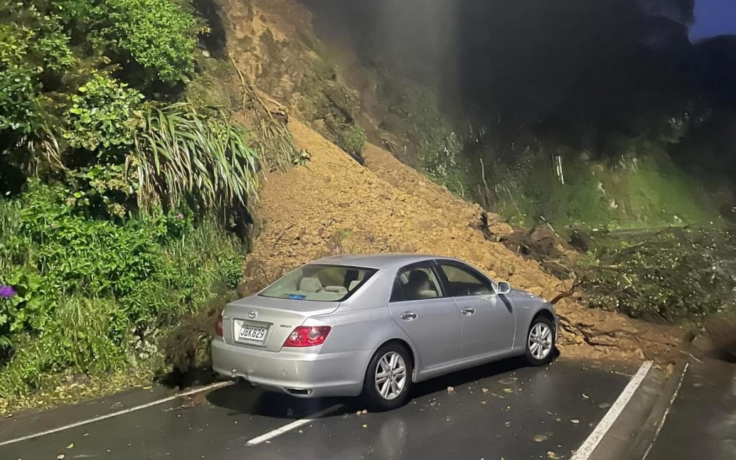 A slip blocking Onslow Road in Khandallah, Wellington.