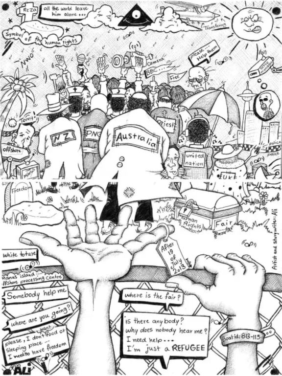 Ali's cartoons document the harsh realities of the processing centre.