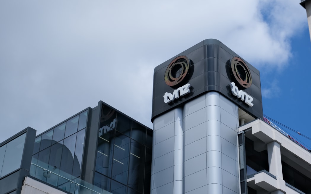 The TVNZ logo on a tower at the Auckland Central office.