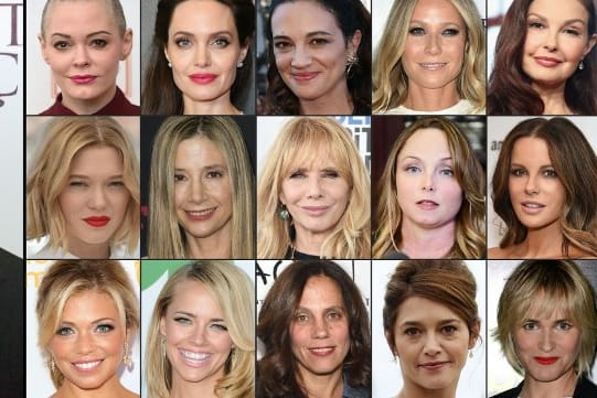 US producer Harvey Weinstein and first row from left: actress Rose McGowan, Angelina Jolie, Asia Argento, Gwyneth Paltrow, Ashley Judd, Lea Seydoux, Mira Sorvino, Rosanna Arquette, Louisette Geiss, Kate Beckinsale, Lauren Sivan, Jessica Barth, Elizabeth Karlsen, Emma De Caunes, Judith Godreche.