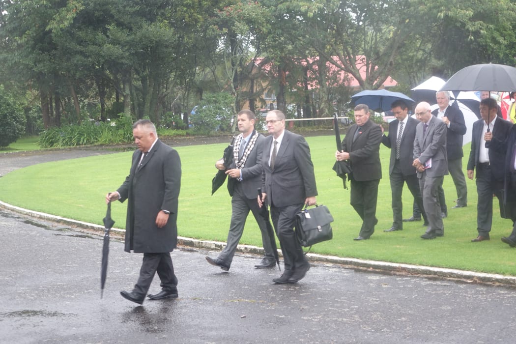 Select committee chair Chester Borrows and New Plymouth District Mayor Neil Holdom are welcomed onto Owae Marae.