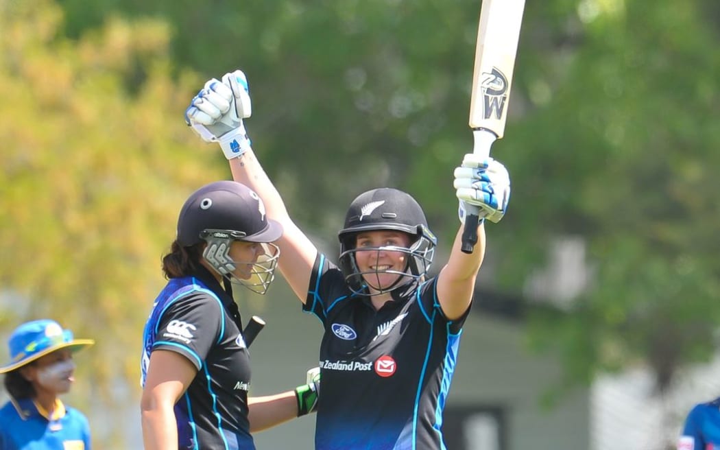 Suzie Bates (L) celebrates Rachel Priest's 100 during the third ODI match vs Sri Lanka at the Bert Sutcliffe Oval, Lincoln, New Zealand. 7rd November 2015. Copyright Photo: John Davidson / www.photosport.nz