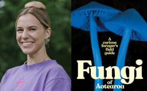 A composite image of writer Liv Sisson and the cover of her book Fungi of Aotearoa. On the right is a portrait photo of Liv smiling with a portobello mushroom placed on the top of her head. The cover image has two blue mushrooms with the name of the book imposed on the front.