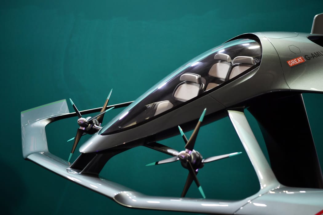 A model of the Aston Martin Vision Volante Concept aircraft is displayed at the Farnborough Airshow, south west of London, on July 17, 2018.