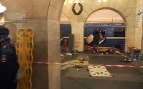 A damaged train carriage at Technological Institute metro station in St Petersburg.