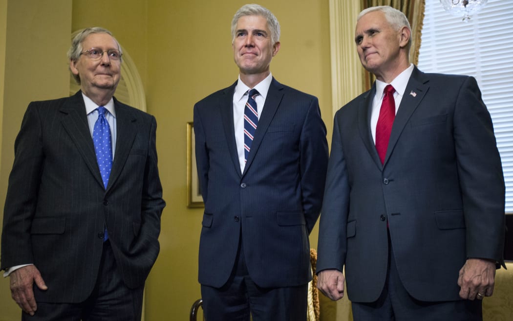 Senate Majority Leader Mitch McConnell, Supreme Court nominee Neil Gorsuch and Vice President Mike Pence meet at Capitol Hill in Washington DC,