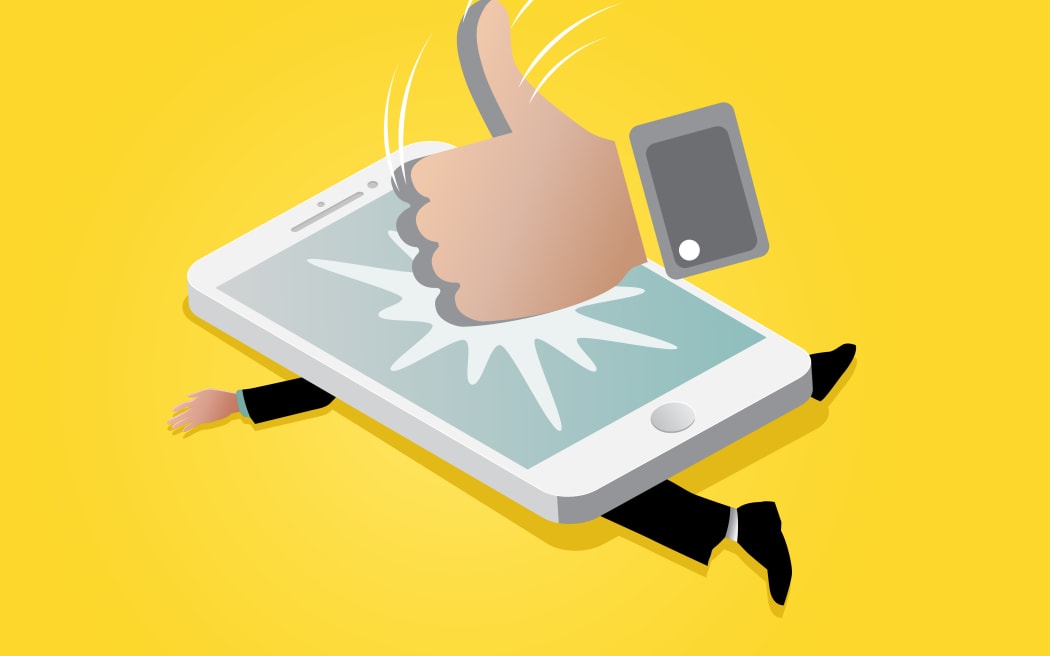 Illustration of giants like icon stumping on mobile phone and squashed businessman underneath it