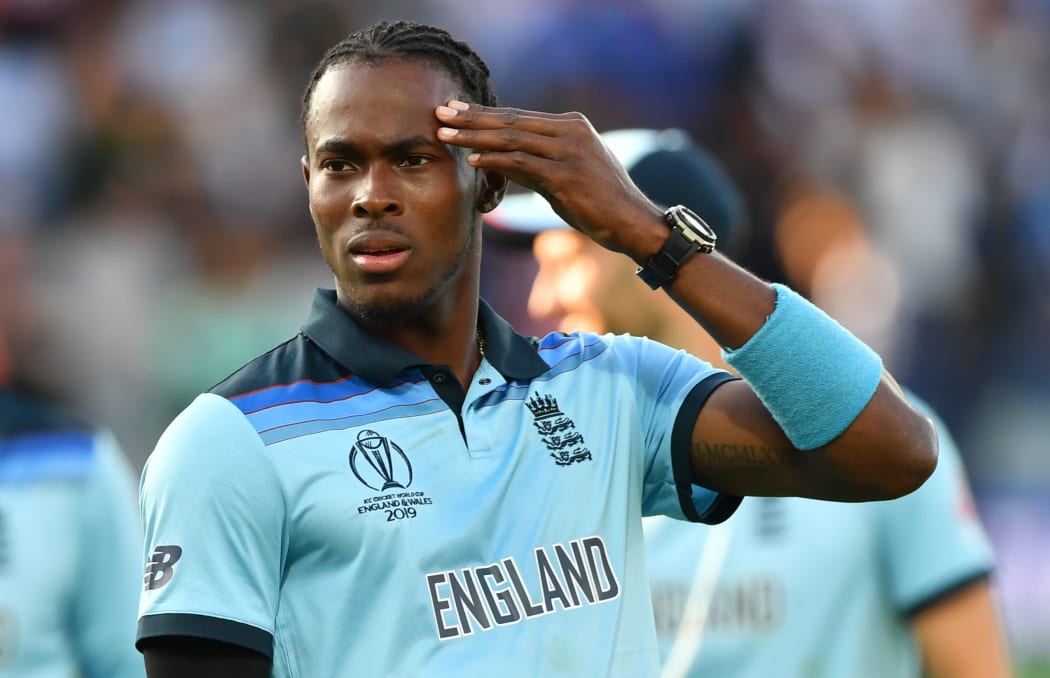 England's Jofra Archer gestures during the 2019 Cricket World Cup final between England and New Zealand at Lord's Cricket Ground in London on July 14, 2019.