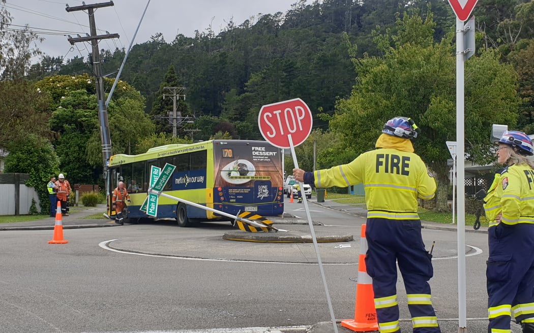 Five people are reportedly hurt and about 50 homes lost power after the Wellington Metlink bus ran across a roundabout before colliding with a power pole, on Coast Road, Wainuiomata, in Lower Hutt.