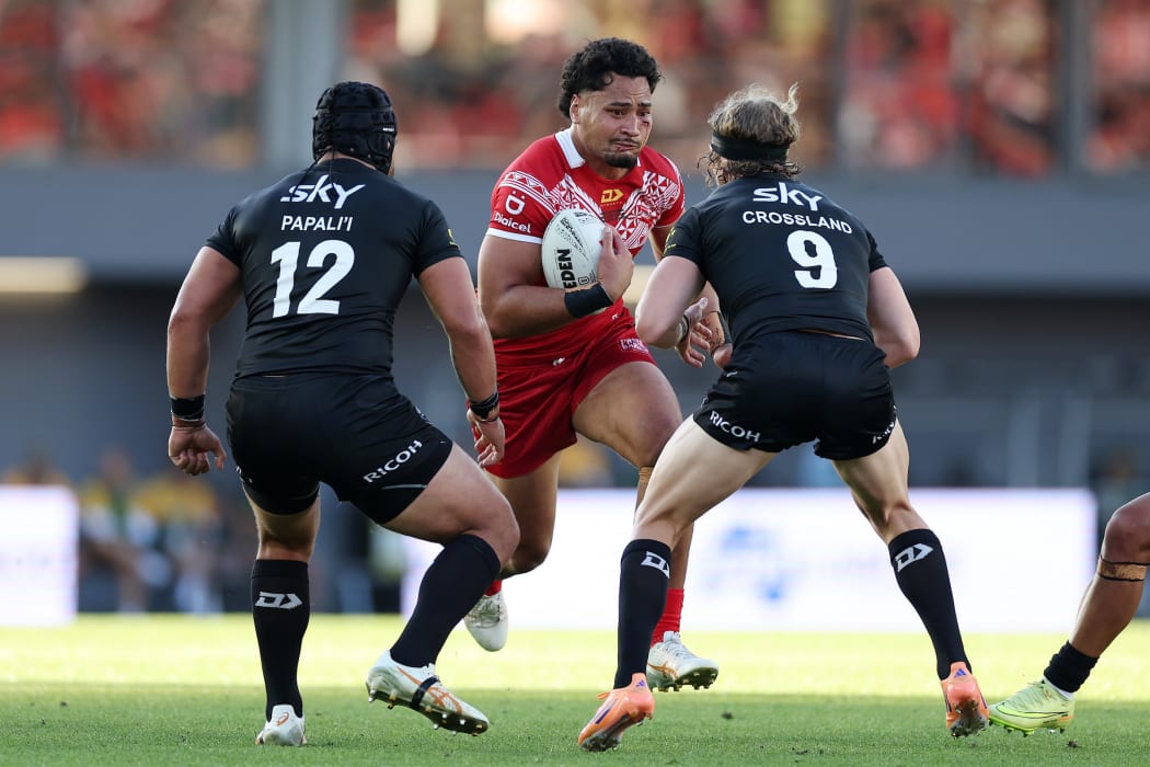 Eliesa Katoa of Tonga (C) during New Zealand Kiwis v Tonga XIII, round 3 of the Pacific Championships at Eden Park, Auckland, New Zealand on Sunday 2 November 2025.
Photo: Fiona Goodall / Photosport