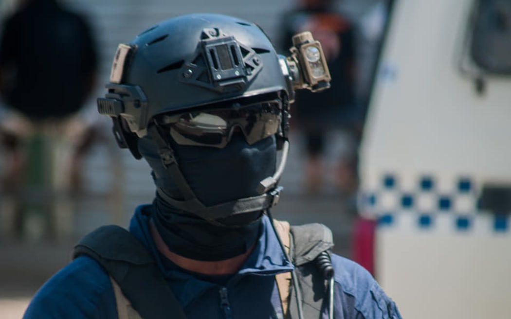 A member of the Police Response Team in Solomon Islands on patrol during the election of the prime minister in Honiara. 24 April 2019