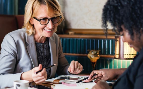 Female office worker woman businesswoman with pencil smiling