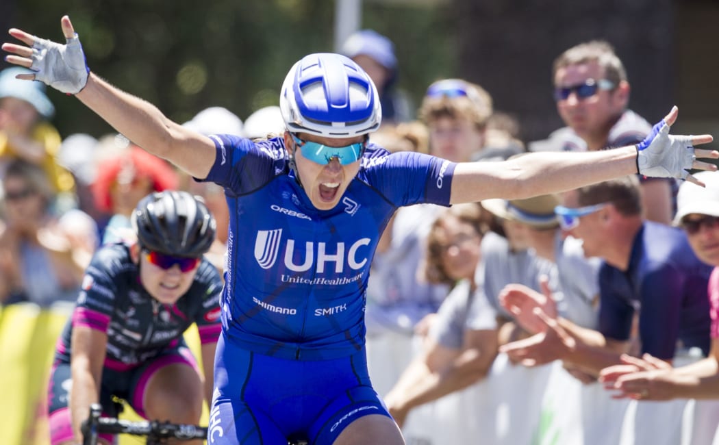 Rushlee Buchanan celebrates her history fourth win at the New Zealand Road Cycling Championships.