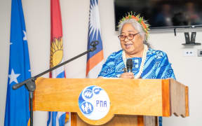 Dr Sangaa Clark, CEO of the Parties to the Nauru Agreement Office, speaking in Majuro in late 2021.