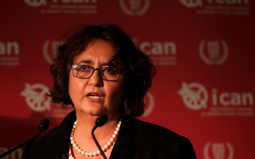 Vanessa Griffen speaks at an event in Melbourne to mark the International Campaign For Abolishing Nuclear Weapons (ICAN) receiving its 2017 Nobel Peace Prize award.