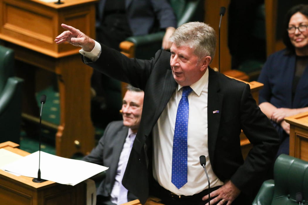 National's Maurice Williamson points to his wife in the gallery during his valedictory statement to the House.