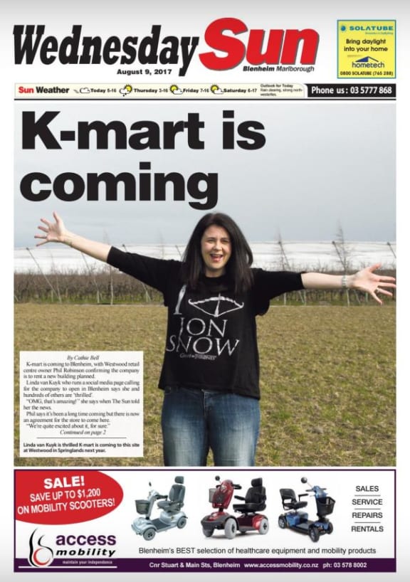 A Facebook campaign to bring K-Mart to Blenheim makes the front page. genuine news - or marketing in disguise?