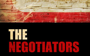 Image is The Tino Rangatiratanga flag with grungy, distressed texture. Below the flag there is a black background and the text reads ‘The Negotiators’ The image of The Waitangi Sheet of te Tiriti o Waitangi is overlaid on top of the both the flag and the text. The top left corner has a small RNZ logo.