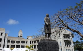 A statue of the Fiji statesman Ratu Sir Lala Sukuna stands guard outside Fiji's government buildings, Suva