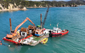 The redesigned caulerpa suction dredge in action in the Bay of Islands, with sand extraction trommels and a second barge for offloading one-tonne bags of caulerpa.