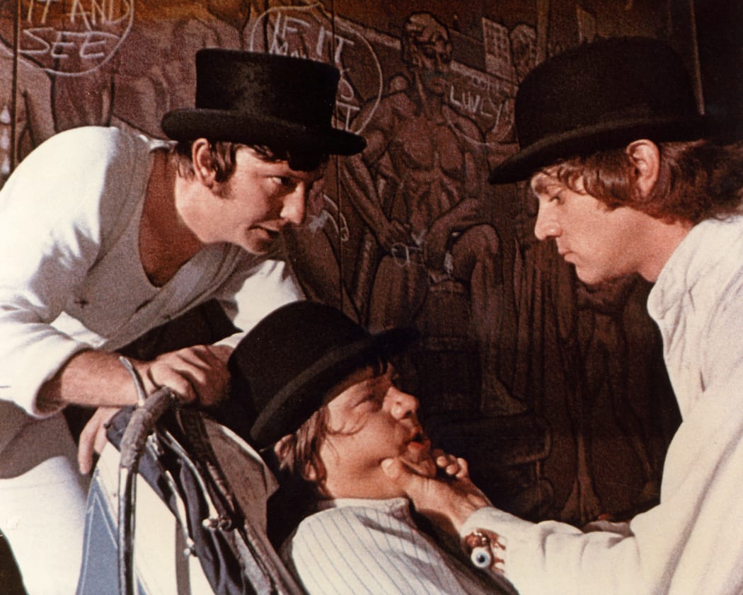 James Marcus, Warren Clarke (centre) and Malcolm McDowell in A Clockwork Orange.