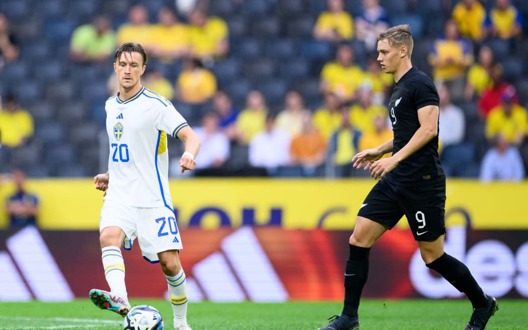 Kristoffer Olsson of Sweden and Ben Waine of New Zealand during the international friendly football match between Sweden and New Zealand All Whites on Friday June 16 2023 at Friends Arena, Stockholm, Sweden.
Photo: Jesper Zerman / www.photosport.nz