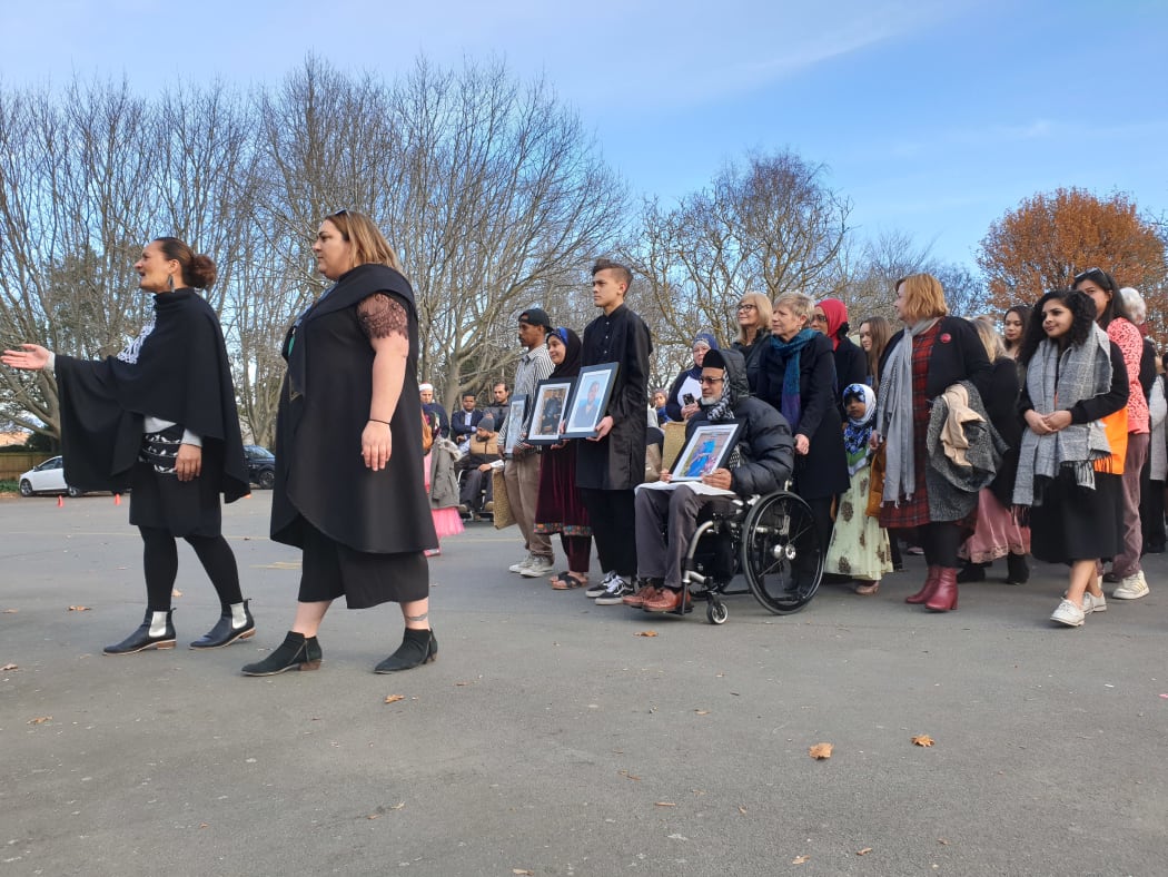 The family of victims of the Christchurch mosque attacks including Farid Ahmed, who is in a wheelchair.