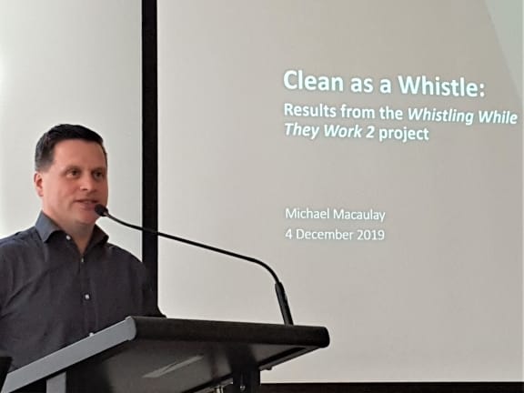 Michael Macaulay launches the 'Clean as a Whistle' report for Transparency International in December 2019.