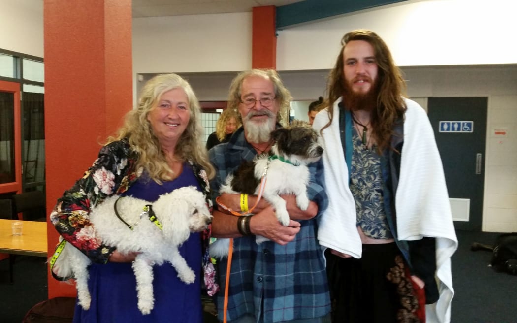 Maria Foley, Colin Higgins and Daniel McCarthy with dogs Bonnie and Clyde were evacuated from the music festival.