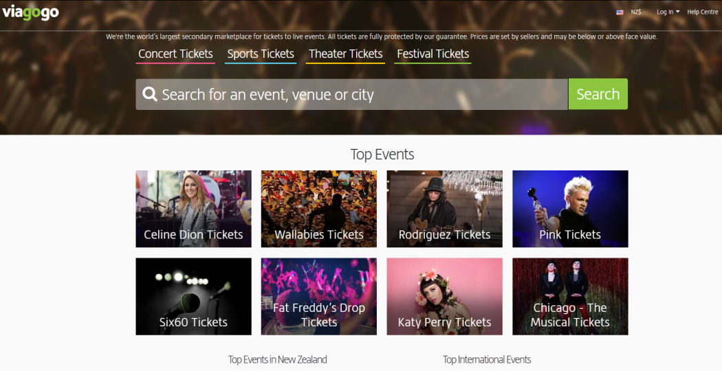 A snapshot of the Viagogo website.