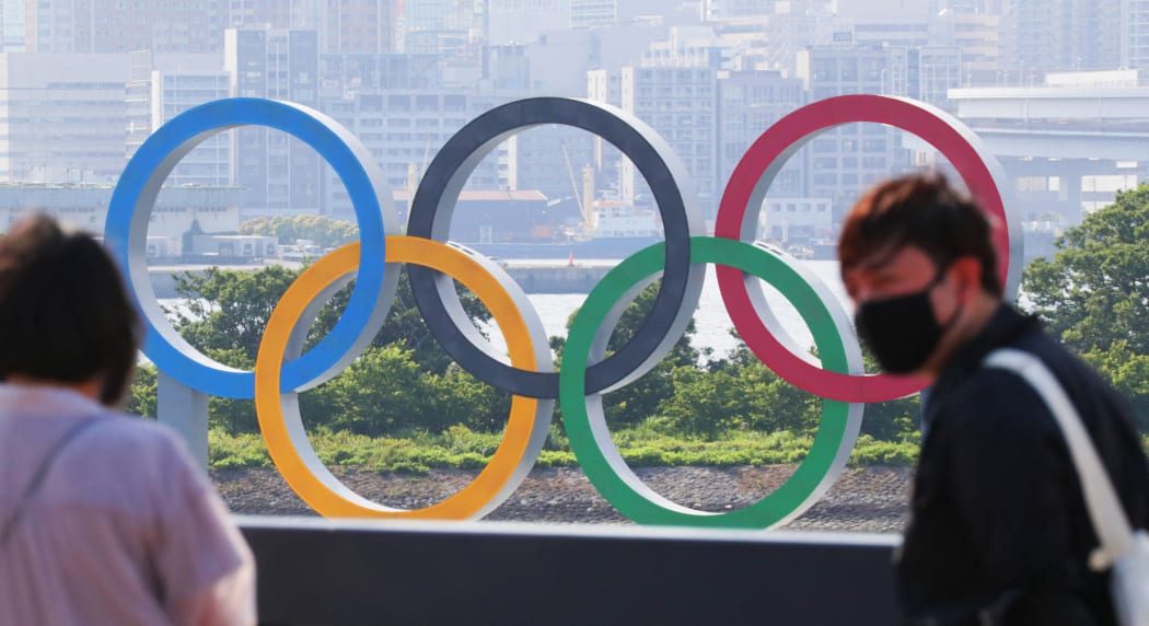 A photo shows a five-ring Olympic emblem at Odaiba Marine Park water area in Minato Ward, Tokyo on May 30, 2021.